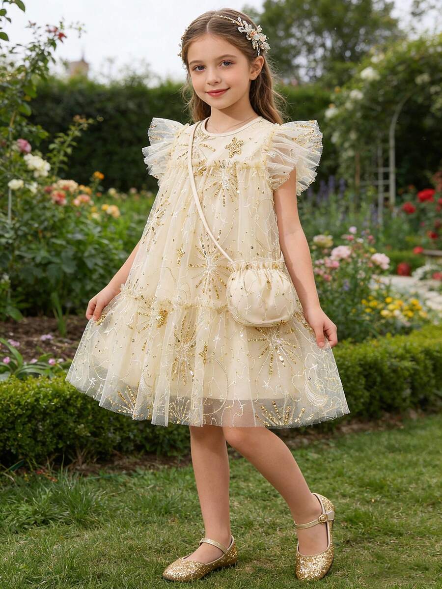 少女高端串珠刺绣时尚公主裙交叉包肩荷叶边袖夏季 - 香檳色 - 查看 1