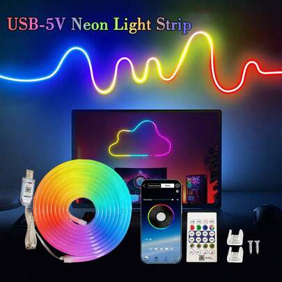 Tira de luz LED neón RGBIC inteligente, alimentada por USB. Controlada por aplicación y control remoto. Cambios de color sincronizados con la música, múltiples modos de iluminación. Adecuado para iluminación decorativa del hogar, celebraciones festivas y ambiente de fiesta.