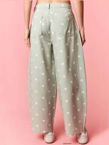 Polka Dot Jeans Women Y2K Print High Waisted Wide Leg Denim Pants Vintage Stretchy Boyfriend Jeans 90s Streetwear - 綠色 - 查看 4
