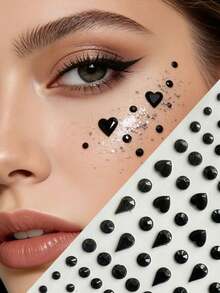1pc Sweet & Cool Black Heart Face Sticker! 3D Embossed Black Diamond Texture, Small & Large Heart Design, Eye Makeup Decor Atmosphere, Photo Shooting Enhancer For Y2K, KPOP, Glitter Face, Carnival, Facial Decoration - MultiWarna - View 1
