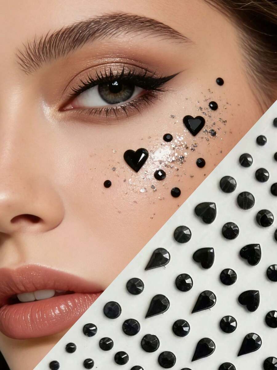 1pc Sweet & Cool Black Heart Face Sticker! 3D Embossed Black Diamond Texture, Small & Large Heart Design, Eye Makeup Decor Atmosphere, Photo Shooting Enhancer For Y2K, KPOP, Glitter Face, Carnival, Facial Decoration - MultiWarna - View 1