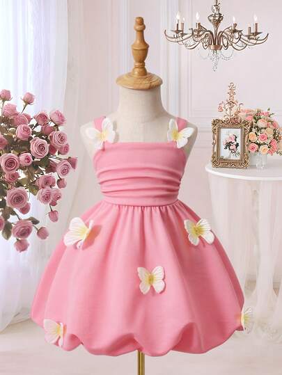 Đầm công chúa dễ thương cho bé gái, chân váy phồng màu hồng với họa tiết bướm 3D đáng yêu, dây mảnh, kiểu dáng ngọt ngào cho biểu diễn, lễ hội, tiệc tùng.