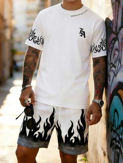 男士夏季运动T恤薄款休闲户外速干时尚印花上衣短裤套装