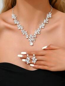 3件套奢华婚礼派对女士礼服水钻钻石装饰珠宝时尚闪亮颈链项链和耳环套装舞会服装珠宝套装配饰（2个耳环和1条项链） - 水鑽珠寶套裝 - 查看 12