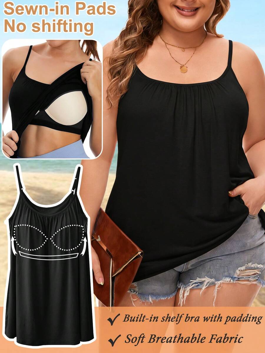 Plus Size Women's Cami With Built In Bra Flowy Tank Top Swing Pleated Shirt Camisole Adjustable Spaghetti Strap With Shelf Bra Cup Pad Loose Tops Summer Beach Casual S-4XL - 黑色 - 查看 1