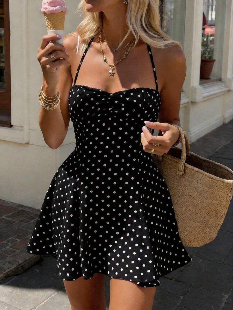 PoPoHouse Elegant Polka Dot Mini Dress, Sexy Backless Ruched Bust Ruffle Hem Dress, Suitable For Casual, Date, Summer Beach, Holiday Party, Black Polka Dot Dress Vacation - Black - View 1