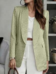 女士时尚花卉压花长袖修身翻领西装外套，带口袋，春季款 - 綠色 - 查看 6