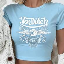 2026 Summer ClothesVan Dutch Motorcycles Speed Shop With Winged Eye Women's Casual Solid Color Crew Neck Short Sleeve Slim Fit Cropped T-Shirt Basic Summer Polyester Top, Versatile Everyday Wear, Perfect Gift For HerLoose And Comfortablesummer Tops - 藍色 - 查看 1