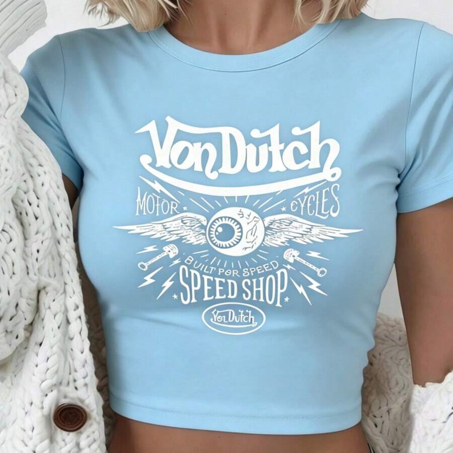2026 Summer ClothesVan Dutch Motorcycles Speed Shop With Winged Eye Women's Casual Solid Color Crew Neck Short Sleeve Slim Fit Cropped T-Shirt Basic Summer Polyester Top, Versatile Everyday Wear, Perfect Gift For HerLoose And Comfortablesummer Tops - 藍色 - 查看 1