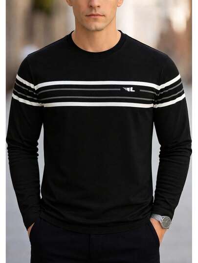 Camiseta Masculina Manga Longa Vermelha com Listras   Slim Fit Casual Confortável