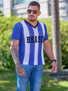 Men's Knit T-Shirt Brazil Fabric Openwork V-Neck Knit Look Brazil World Cup - 藍白色 - 查看 2