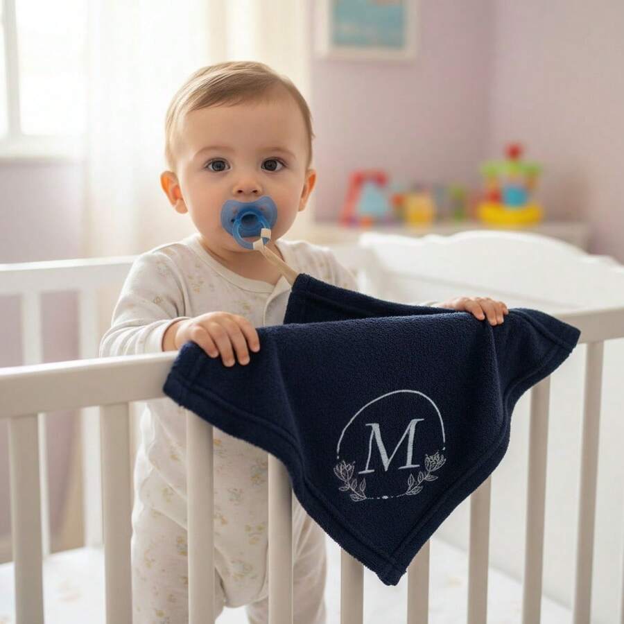 Personalized Baby Blanket With Initial Letter, Pacifier Clip, Small Cloth - Navy Blue - View 1