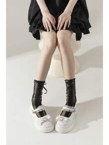 A Pair Of Sweet And Cute Bow Mid-Calf Socks, JK Ribbon Stacked Socks, Ballet-Style Mesh Calf Socks, Sheer Lace - 款式3 - 查看 11