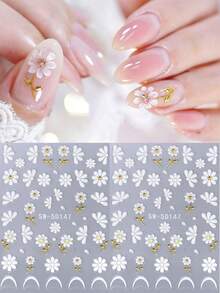 SWEET TREND 5D白色雏菊浮雕美甲贴纸2片装，金色叶子雏菊花瓣法式线条春夏花卉印花DIY全息优雅浪漫时尚自粘凝胶指甲油贴片婚礼沙龙美甲贴片美甲装饰 - 彩色 - 查看 1