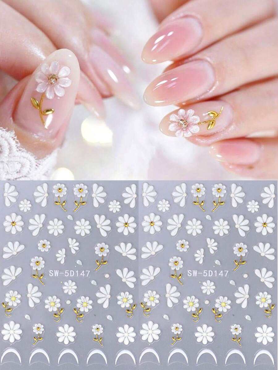 SWEET TREND 5D白色雏菊浮雕美甲贴纸2片装,金色叶子雏菊花瓣法式线条春夏花卉印花DIY全息优雅浪漫时尚自粘凝胶指甲油贴片婚礼沙龙美甲贴片美甲装饰 - 彩色 - 查看 1