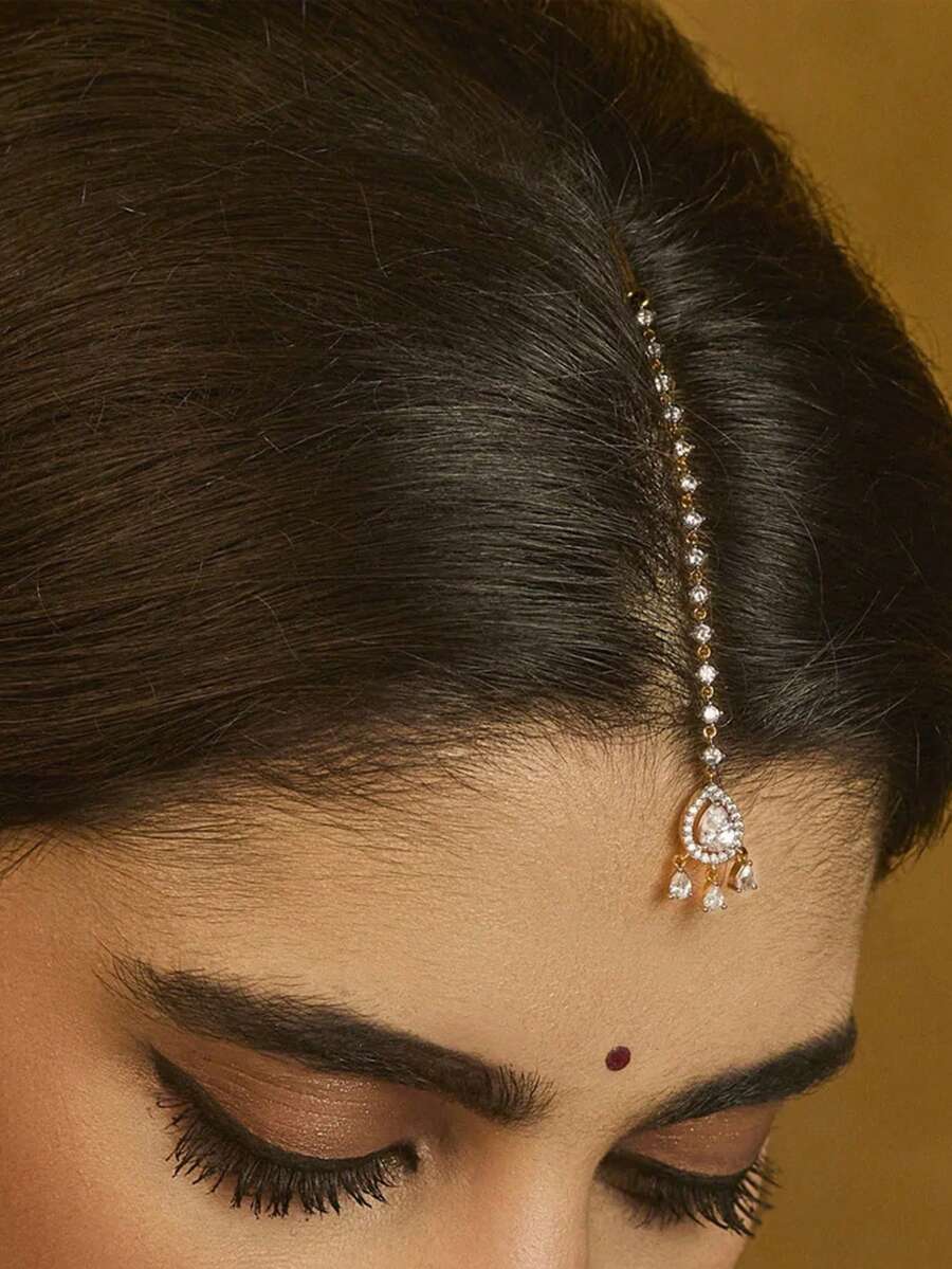 1pc New Traditional Headpiece, European And American Bridal Wedding Floral Forehead Chain Hair Accessory - Water Drop - View 1