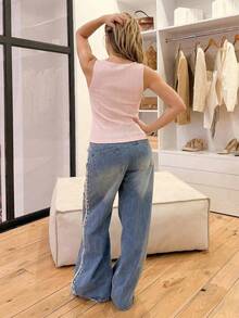 Solid Color Front Button Fitted Round Neck Sleeveless Elegant Tank Top, Summer - Pink - View 6