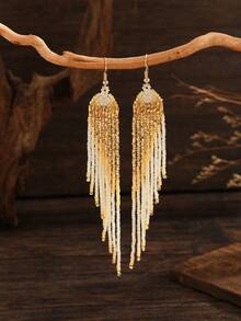 SOUL BEADING Bohemian Beaded Earrings, Vintage Style With Gold And Black Color, Asymmetrical Geometric Tassel Pendant, Elegant And Fashionable Accessory Suitable For Women's Daily Wear And Gift - Hand-beaded Tassel Earrings - View 8