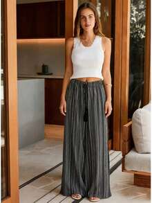 Quần ống rộng kiểu bohemian dành cho nữ, chất liệu polyester, có dây rút, phù hợp cho đi biển hoặc trang phục thường ngày mùa thu. - màu đen - Xem 4