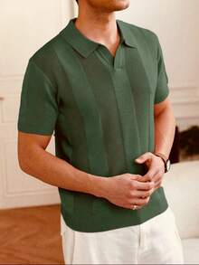Men's Casual Summer Polo Top With Stripes And Patchwork Knit, Men's Summer Polo Top, Solid Color Short Sleeve Knit Sweater For Men, Summer Fashion - 墨綠色 - 查看 5
