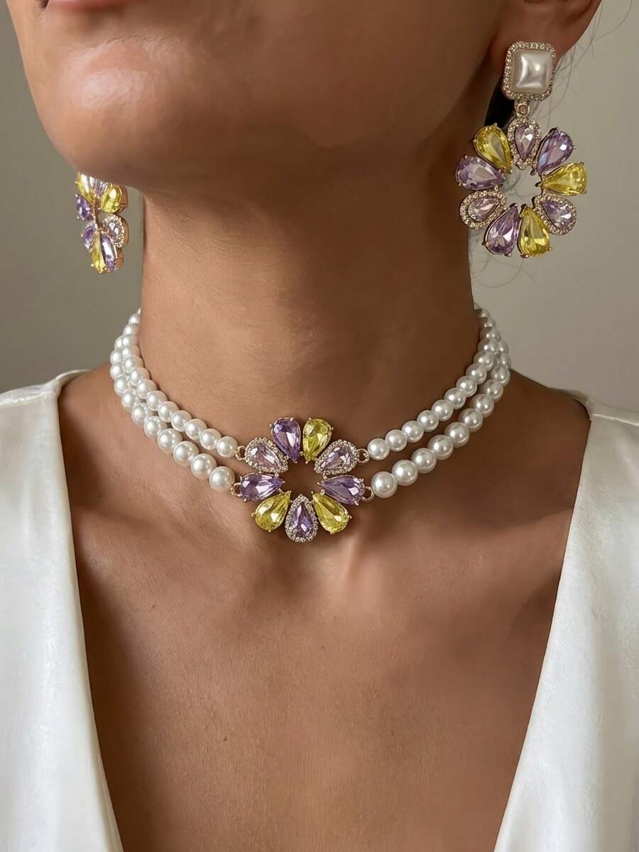 Elegante conjunto de collar y aretes con girasol y perlas falsas, adecuado como regalo de boda/fiesta para mujeres - flores - Ver 1