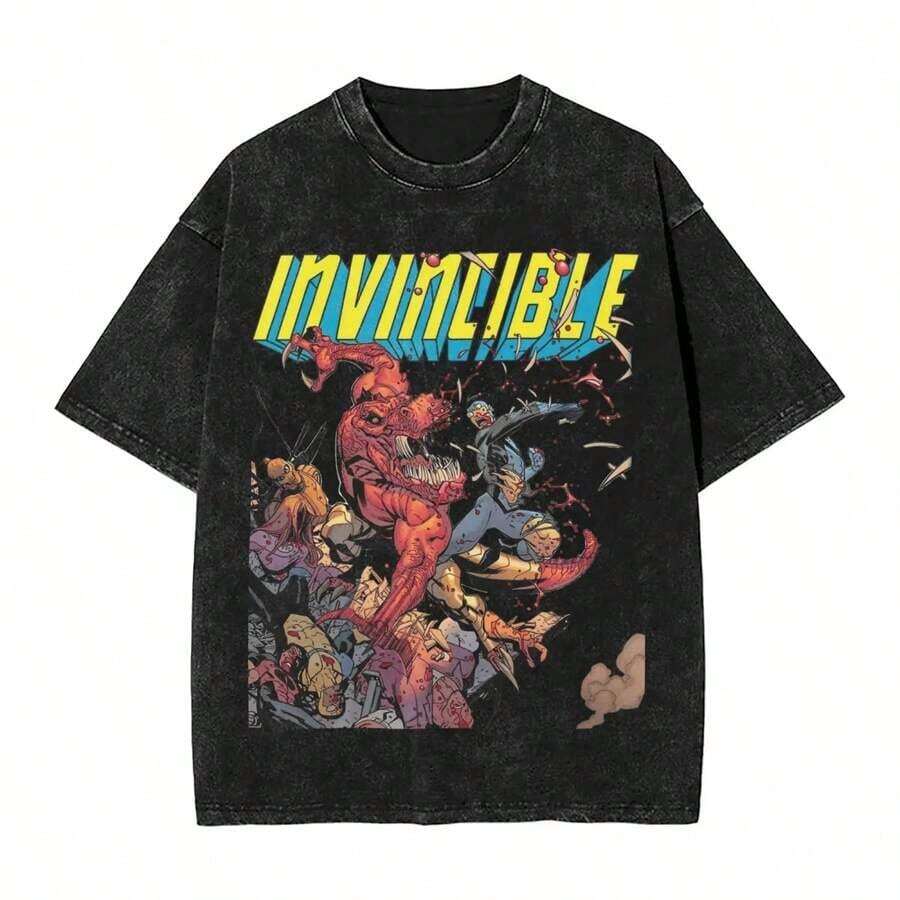Invincible Erhero Omni Man Washed T Shirts Streetwear Hip Hop Vintage T-Shirts Tees Tops For Men Women Harajuku Printedsummer Outfits For Womengraphic Tees - 黑色 8 - 查看 1