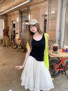 2025夏季新款高腰波点荷叶边拼接修身蛋糕裙 - 杏色 - 查看 3
