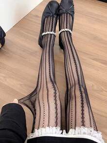 1 Pair Retro Romantic Vertical Striped Hollow Out Women Pantyhose, Sexy Slim Fit Tights - Multicolor - View 3
