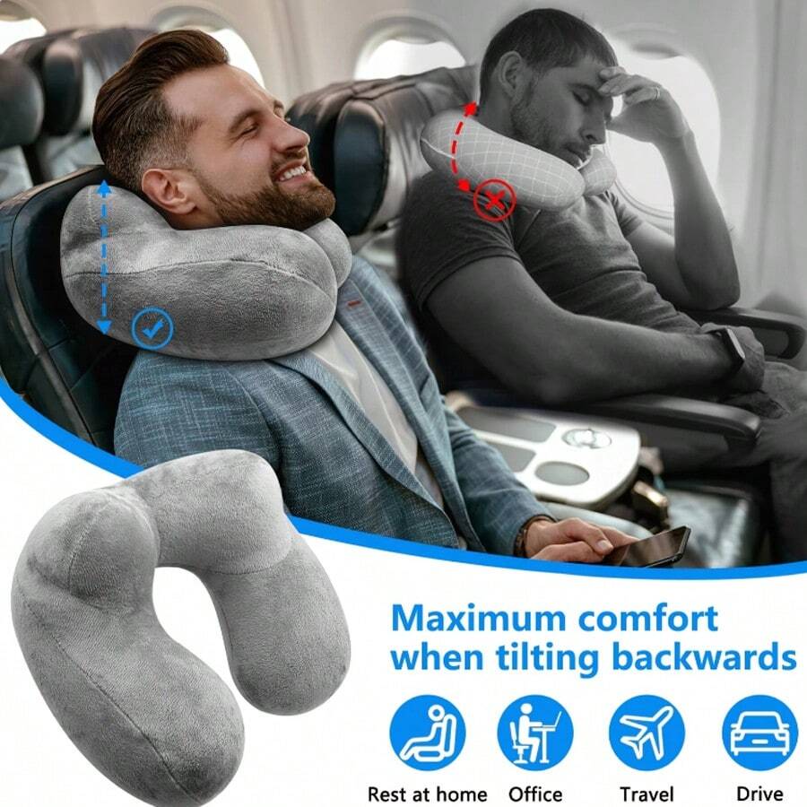Ergonomic Inflatable Travel Pillow With Earplugs, Soft Velvet Neck Support, Machine Washable, All-Season, Space-Themed, Casual Style, Snap Closure, Foam Filling, PVC Cover, For Airplane, Car, Office, Camping - Multi Position Sleeper Rest Pillow - Multicolor - View 1