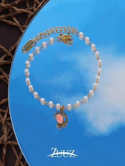 1pc Fashion Stainless Steel Epoxy Crab Charm Bracelets For Women Ocean Pendant Pearl Chain Bracelet Jewelry Best Friends Gifts Suitable For Women Daily Wear