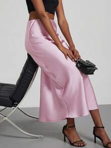 Falda elástica de cintura con sensación de satén, de moda para mujer, todo el año - Salmón rosa primavera - Polvo de begonia - Ver 3