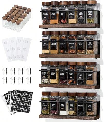 Organizador de pared para especias de 4 niveles con 24 frascos de vidrio, 216 etiquetas y embudo, montaje con tornillos/adhesivo, especiero de metal negro y madera para almacenamiento en la cocina y despensa