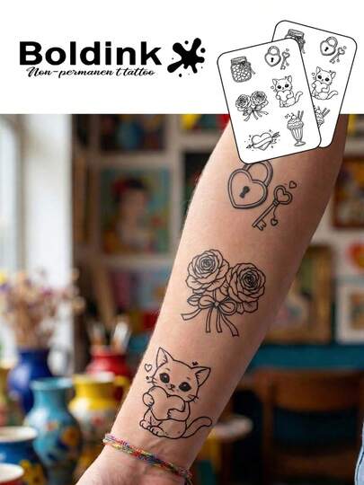  Bộ 2 hình xăm tạm thời Boldink hình mèo và hoa hồng, hình xăm nghệ thuật cơ thể chống thấm nước, giữ được 1-2 tuần, hình xăm nước ép trái cây, lý tưởng cho mùa thu/đông, quà tặng ngày Valentine được ưa chuộng, món đồ không thể thiếu cho những người dẫn đầu xu hướng.
