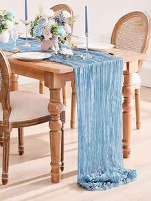 1/2/5pcs Light Blue Gauze Table Runner, Bohemian Style Tablecloth, 90*180cm Long Gauze Tablecloth, Suitable For Baby Shower Party, Birthday Party Decoration, Baby Party Decoration, Tabletop Decor, Baby Shower Decoration, Dining Table Decor, Wedding Decoration, Bridal Shower Supplies, Home Decor, Chair Decor, Vanity Decor, Spring Party Supplies - Light Blue - View 3