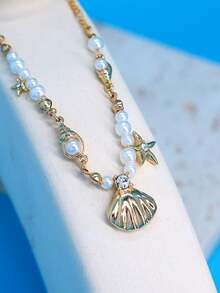 1 pièce Collier pendentif minimaliste bohème avec étoile de mer et coquillage, perle de culture. Convient pour les femmes à porter à la plage, en vacances, en soirée - Doré - Voir 4