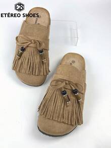 Women's Casual Flat Sandals, Outdoor Slippers, Adorned With Tassels And Beads, Suitable For Daily Commutes And For Spring And Autumn Holiday Outfits. - Lạc đà - Xem 5