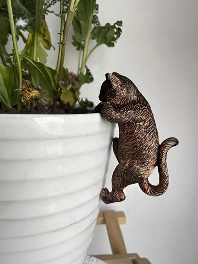 1 Tượng mèo ngộ nghĩnh kèm chậu cây treo - Hoàn thiện giả đồng, Hoàn hảo cho trang trí nhà cửa và sân vườn, Thích hợp cho Halloween, Giáng sinh, Lễ Phục sinh, Lễ Tạ ơn