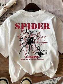 Men'S Spider Graphic T-Shirt - "Spider Amazing" Design With Red Web & Black Spider, Casual Crew Neck Short Sleeve Top For Spring & Summer, White Polyester Blend, Perfect For Outdoor Activities,4th Of July - 白色 - 查看 2
