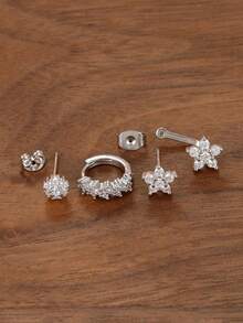 3PCS French Design Double Flower Dangle Earrings Sets For Women Unique Zirconia Hoop Earring Engagement Birthday Jewelry Gift - 3PCS-silver - View 3