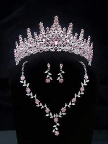 Set de joyería nupcial de 3 piezas con corona de lujo con rhinestones, conjunto de collar y aretes con corona de diamantes rosas estilo princesa, adecuado para boda/fiesta - Rosa - Ver 2