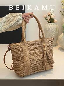 1pc Large Capacity Beach Vacation Style Woven Tote Bag, Casual Fashion Shoulder Bag, Solid Color Minimalist Design - Khaki - View 1