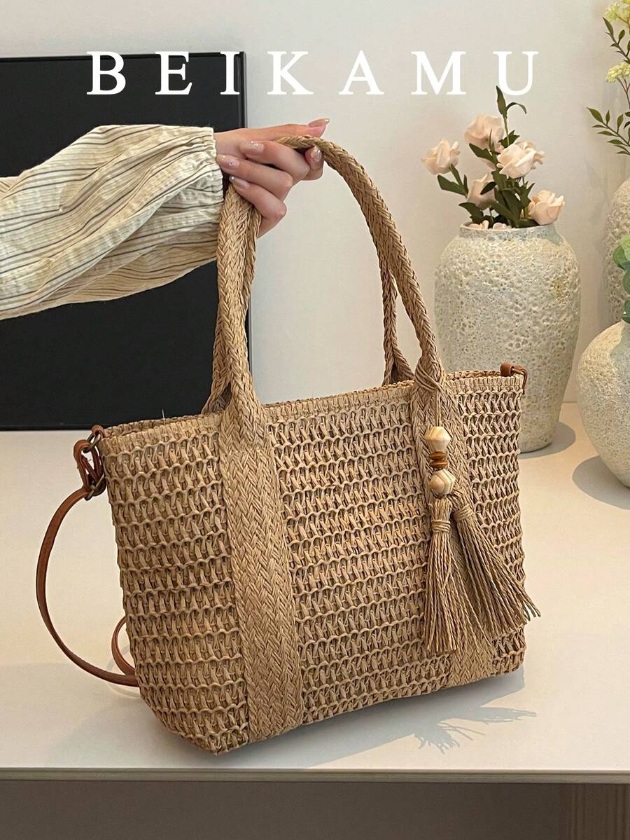 1pc Large Capacity Beach Vacation Style Woven Tote Bag, Casual Fashion Shoulder Bag, Solid Color Minimalist Design - Khaki - View 1