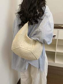 Woven Shoulder Bag, Relaxed Summer Beach Vacation Crossbody Bag - Beige - View 5