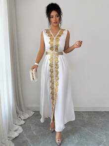 女士优雅无袖V领金色蕾丝拼接白色连衣裙，前开衩后系带A字型正式晚礼服，适合度假、旅行、派对、约会、宴会等场合。 - 白色 - 查看 6