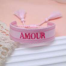 1 pieza Brazalete vintage hecho a mano con bordado francés "AMOUR" y trenzado creativo, adecuado para parejas, regalo para ocasiones especiales - Rosa Pálido - Ver 2