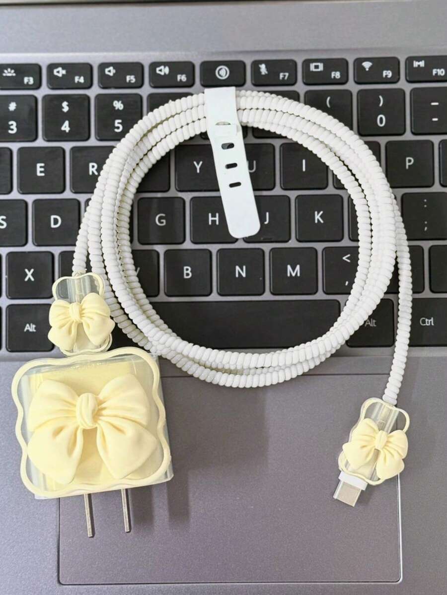 Protetor de Cabo de Dados com Decoração de Laço Amarelo Fofo, Compatível com Capa Protetora de Carregador 18/20W, Protetor de Cabo de Dados, Anti-Protetor, Acessório de Carregador, Acessório de Telefone - Conjunto Wave Purple de cinco peças - Visão 1