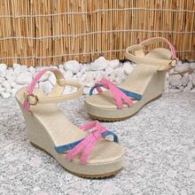 Sandal Platform Dua Warna untuk Wanita, Hak Tinggi Terbuka dengan Desain Silang Anyaman, Desain Tali, Serbaguna untuk Berkomuter, Berbelanja, dan Bepergian - Hot Pink - View 5