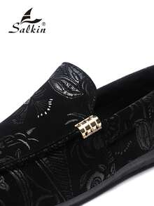 Salkin 男士设计师款莫卡辛鞋，奢华佩斯利花纹绒面革乐福鞋，柔软皮革商务休闲鞋，适合办公室、婚礼、派对、约会、节日礼物、休闲和运动场合。建议选购大一码。 - 黑色 - 查看 4