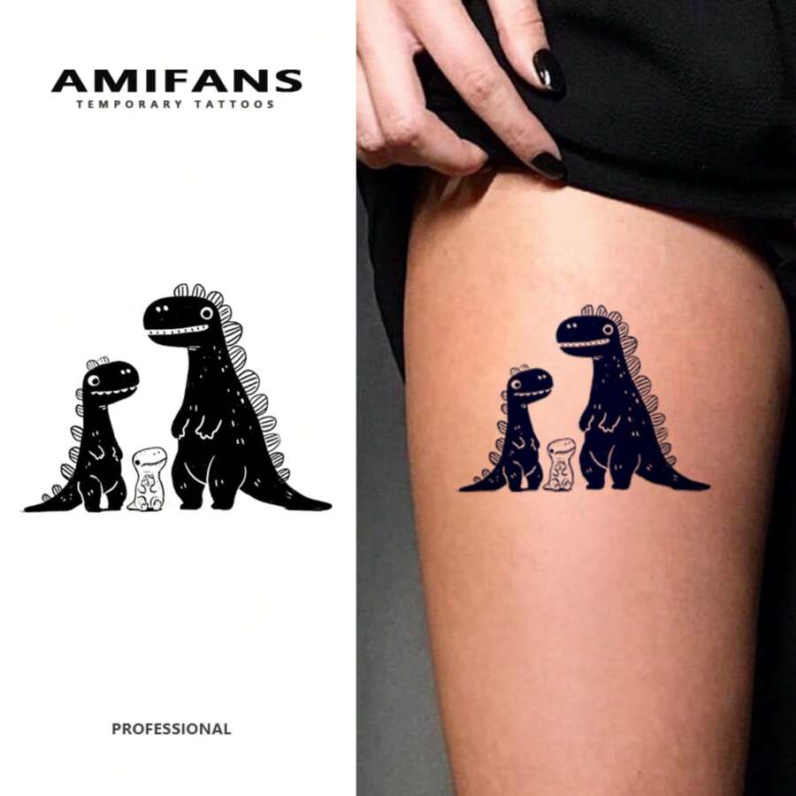 AMIFANS Temporary Tattoo Cute Dinosaur Family, Semi Permanent Tattoo,Lasting 1-2 Weeks Tattoo, Long Lasting Tattoo, Juice Tattoo, Realistic Tattoo, Romantic Tattoo, Fake Tattoo, Waterproof, Authentic Tattoo Look, Niche Design Tattoo, Fruit Tattoo, Plant-Based Tattoo - Black - View 1