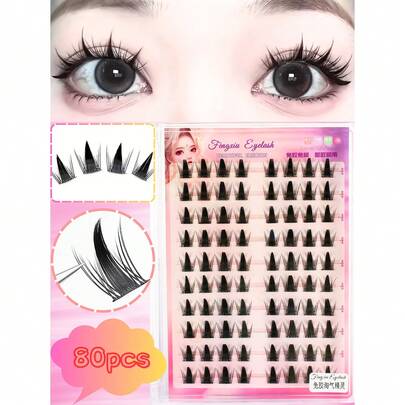 80 Clusters No-Glue Mischievous Fairy False Eyelashes, Korean Sweet Girl Style, C-Curl 10-14mm Mixed Length, Easy DIY Makeup, Soft & Comfortable For Beginners, Suitable For Daily, Travel, Party, Great Gift For Friends And Girlfriends